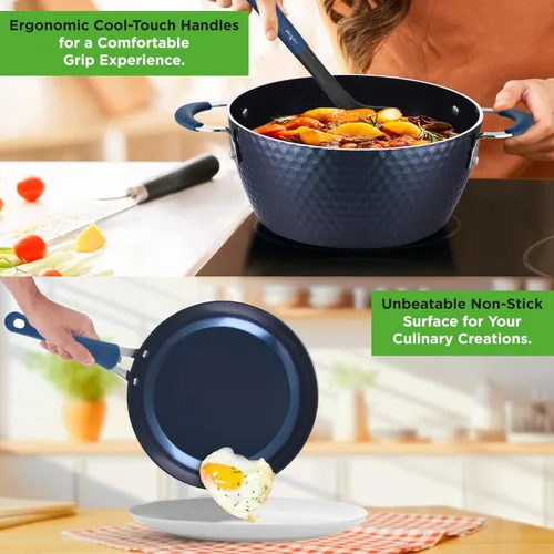 Vista 4 de NutriChef Juego de ollas y sartenes de 11 piezas, juego de utensilios de cocina antiadherentes con revestimiento de cerámica, asas frías al tacto