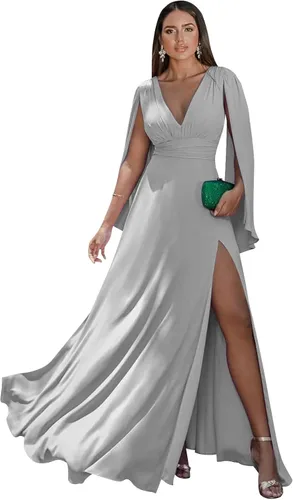 Vista 26 de Women's Long Sleeve Bridesmaid Dresses V-Neck Chiffon Ruched Formal Dress Evening Gown with Slit