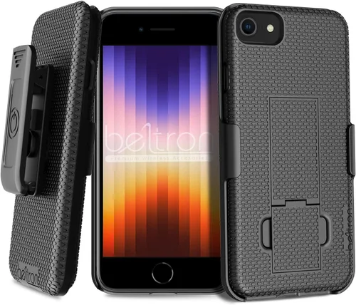 Vista 2 de BELTRON Funda para iPhone 7/8/SE 2020/SE 2022, funda de agarre de goma súper delgada y funda de clip giratorio para cinturón combinado con soporte