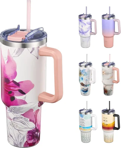 Vista 12 de THILY Vaso de 40 onzas de acero inoxidable con asa - Taza de viaje con aislamiento al vacío, tapa a prueba de salpicaduras y a prueba de fugas, 2