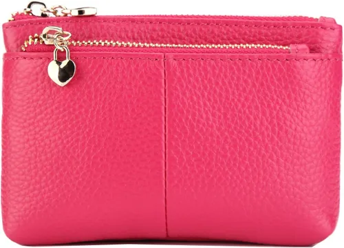 Vista 17 de Mini monedero con cremallera de cuero genuino para mujer, con llavero con triple cremallera, tarjetero Negro