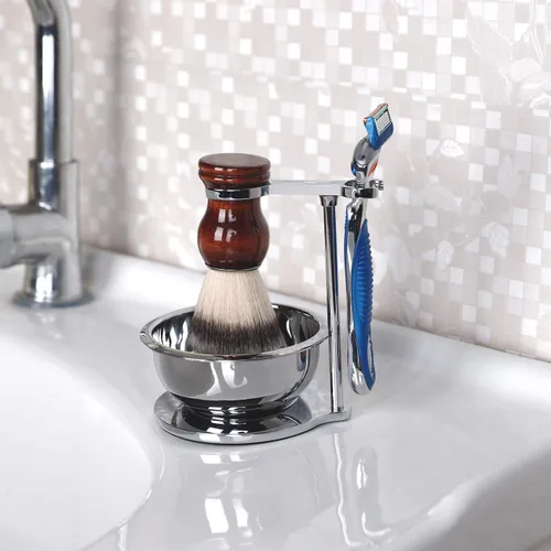 Vista 2 de Soporte de afeitado de acero inoxidable de lujo + cuenco de jabón de afeitar con cepillo de afeitar, compatible con Gillette Fusion, maquinilla