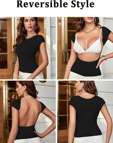 Vista 4 de ForeFair - Camiseta corta sexy de manga corta, sin espalda, con cuello redondo, ajustada, informal, para verano, estilo Y2K