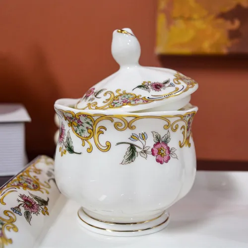 Vista 7 de ACMLIFE Juego de té de porcelana de hueso para adultos, juego de té de porcelana fina blanca y floral de 21 piezas, juego de 6 tazas de té inglés
