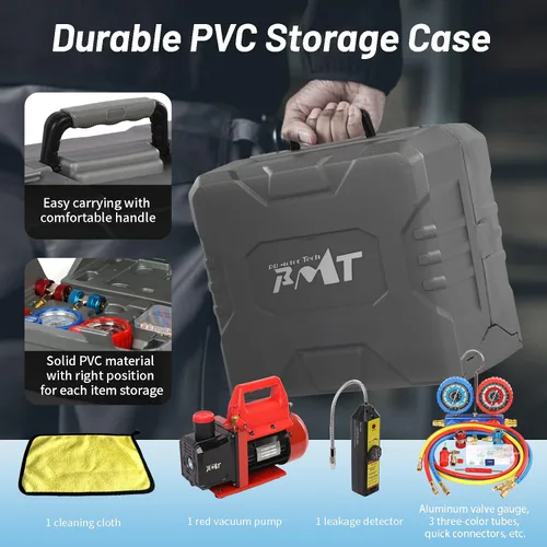 Vista 3 de PB Motor Tech - Juego de bomba de vacío y medidor - Bomba de 4.5 CFM con manómetro de colector de aluminio de 3 vías, con detector de fugas