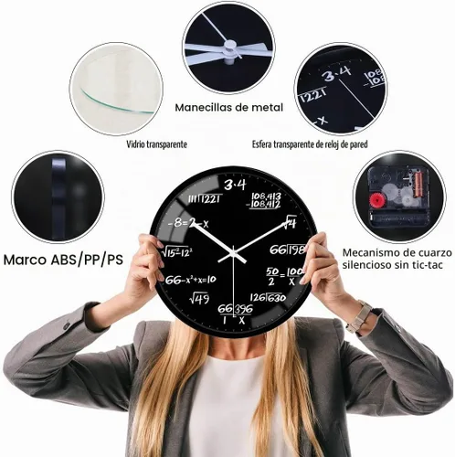 Vista 4 de VIKMARI Reloj de pared de matemáticas negras de 12 pulgadas, silencioso