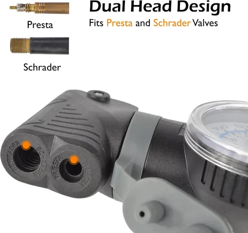 Vista 2 de Lumintrail Mini bomba de bicicleta portátil para válvulas Presta y Schrader - Bomba de aire para neumáticos de bicicleta con manómetro - Bola