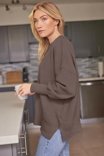 Vista 239 de Lillusory - Suéter extragrande con mangas de murciélago y cuello redondo para mujer, prenda moderna de otoño de tejido de punto sin botones