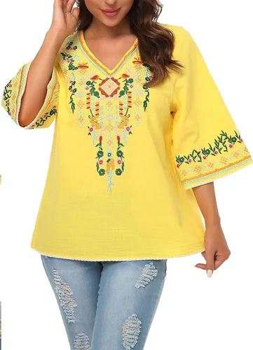 Vista 2 de YZXDORWJ Blusa campesina mexicana bordada con cuello en V para mujer