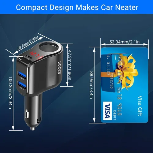 Vista 6 de Adaptador de cargador de coche PD USB C de 200 W: divisor de enchufe de encendedor de cigarrillos de 12 V Enchufe de CC de 12 voltios Toma