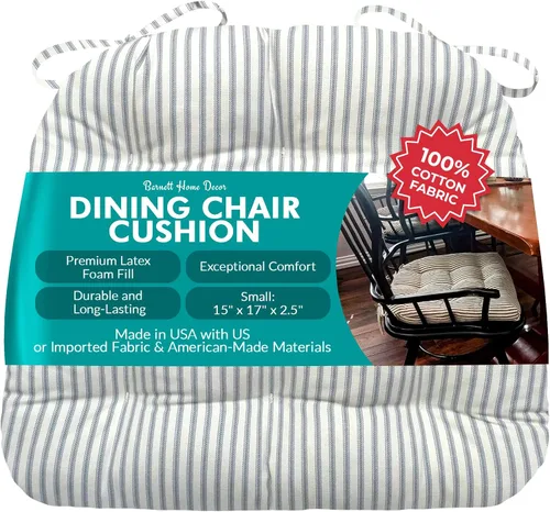 Vista 123 de Barnett Home Decor Ticking Stripe Berlin Blue - Almohadilla para silla de comedor con lazos, tamaño mediano 18, relleno de espuma de látex, lavable