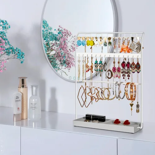 Vista 4 de LKKL Organizador de joyas con bandeja de resina, soporte para collar y organizador de aretes, soporte de joyería para aretes, collares, pulseras