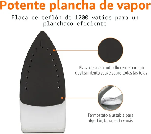 Vista 2 de Amazon Basics – Plancha de vapor de 1200 W, 10”, con suela de teflón antiadherente, tanque de agua de 5 fl oz (150 ml), apagado automático