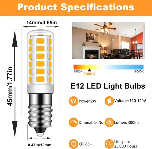 Vista 2 de E12 LED Bulb 2W Equivalent to 20W 25W Halogen Bulb Warm White 3000k, 2 Pcs
