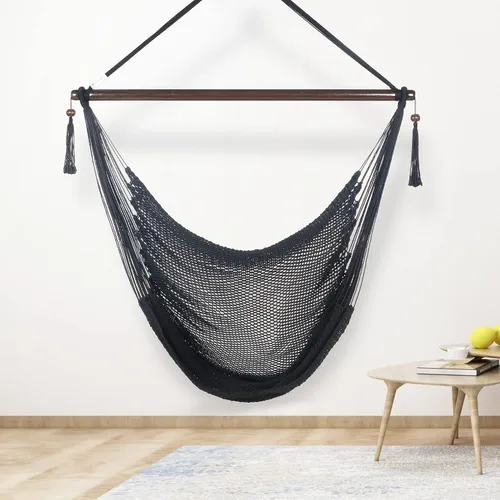 Vista 3 de Larga silla hamaca grande caribeña con reposapiés, 48 pulgadas, poliéster, silla de colgar., Negro