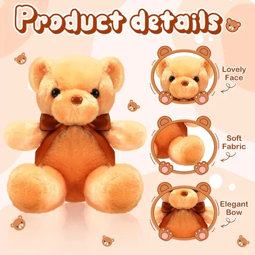 Vista 2 de HyDren 6 piezas de oso de peluche suave para niños, juguetes de regalo, decoración de baby shower (felpa corta, marrón)