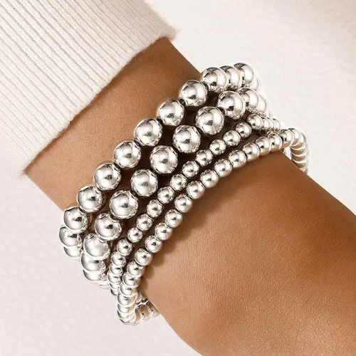 Vista 2 de Xerling 4 pulseras de cuentas doradas para mujer, pulseras de cadena de bolas de estrellas para adolescentes y niñas, pulsera elástica elástica