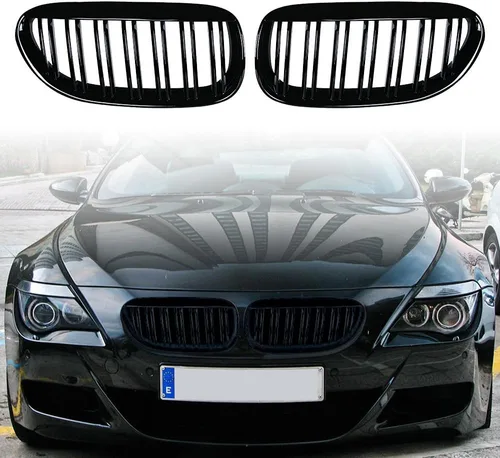 Vista 2 de Corp - Parrilla delantera negra brillante para riñón deportiva compatible con BMW E63 E64 650i 650Ci 645Ci M6 2DR 2004-2010 (doble línea)