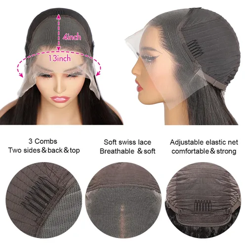 Vista 5 de Pelucas de cabello humano lacio con encaje frontal de hueso de 13 x 4 para mujeres negras, densidad del 200 %, peluca frontal de encaje transparente