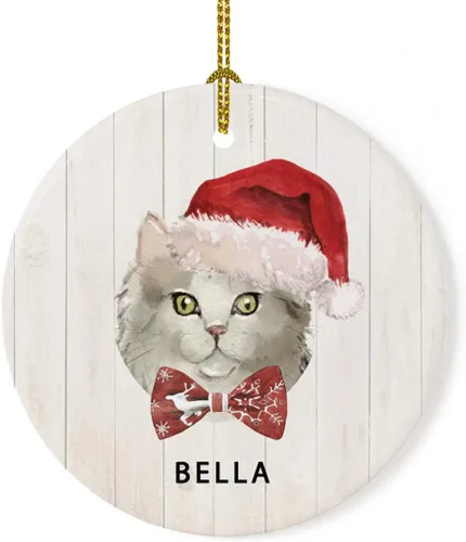 Vista 20 de Andaz Press Adorno redondo personalizado de cerámica para árbol de Navidad, abisinio, corona de acebo, sombrero de Papá Noel, con gráfico de gato