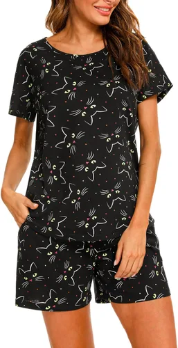 Vista 21 de ENJOYNIGHT - Conjunto de pantalones cortos de pijama para mujer, pijamas de algodón para verano, ropa de dormir con bolsillos Negro