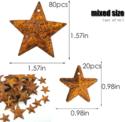 Vista 3 de vibnumom 100 estrellas de metal oxidado, estrella de granero rústica con agujero, ornamental, estrellas de metal vintage para manualidades