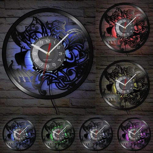 Vista 2 de Reloj de pared de vinilo LED vikingo de 12 pulgadas con 7 colores cambiantes, cuarzo silencioso sin tictac, arte de pared vikingo para hombre