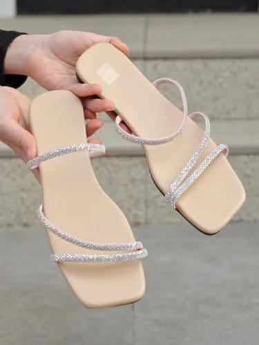 Vista 5 de GORGLITTER Sandalias planas con diamantes de imitación para mujer con tiras y puntera abierta