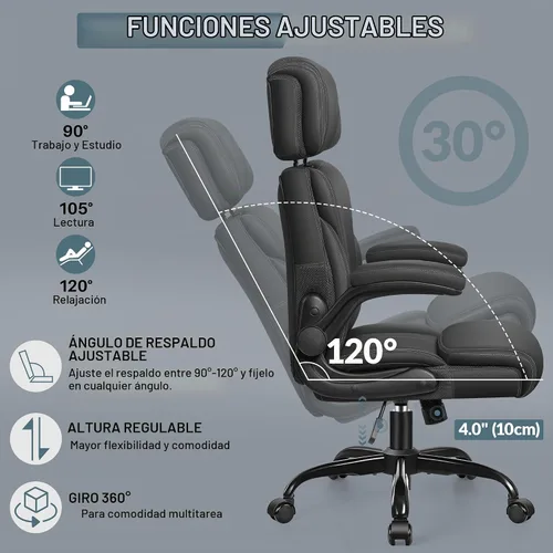 Vista 5 de Silla de oficina, silla ergonómica grande y alta para escritorio de computadora con reposacabezas ajustable retráctil, silla ejecutiva de cuero