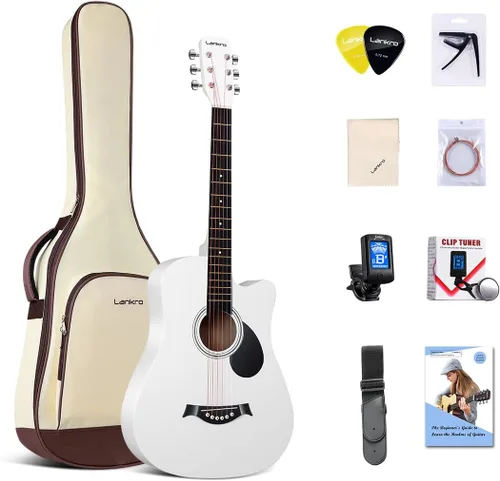 Vista 8 de Guitarra acústica negra de 38 pulgadas, kit para principiantes de guitarra acústica para adultos, juego de iniciación con bolsa acolchada, correa
