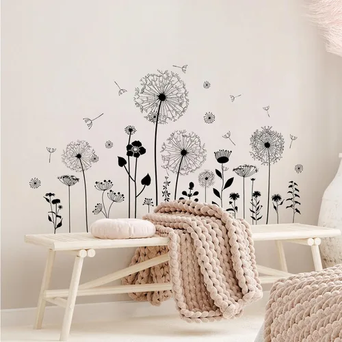 Vista 2 de Supzone Calcomanías de pared de diente de león negro, atractivas flores voladoras y mariposas, calcomanías de pared autoadhesivas creativas