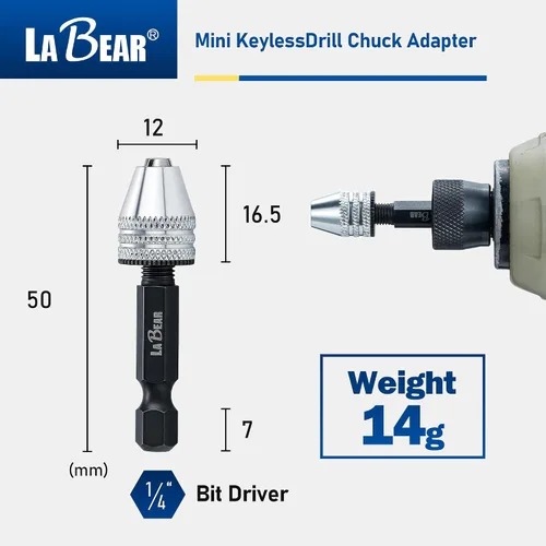 Vista 2 de LABEAR - Adaptador Mini Sin Llave para Portabrocas de ¼ Pulgada con Vástago Hexagonal Capacidad de 0.3-3.2mm para Brocas Micro