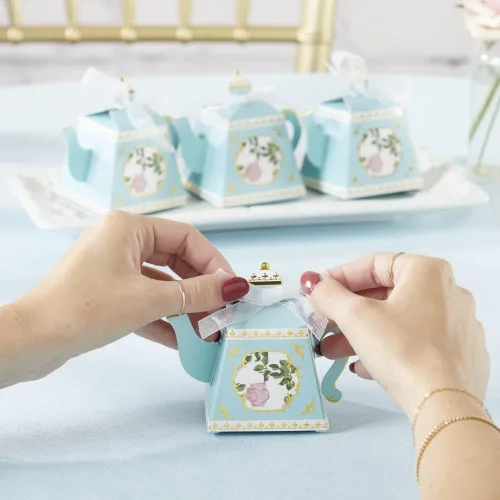 Vista 2 de Kate Aspen, Colección vintage floral para fiesta de té, tetera, tamaño único, lámina azul y dorada (28592NA), caja de recuerdo de tetera con lámina
