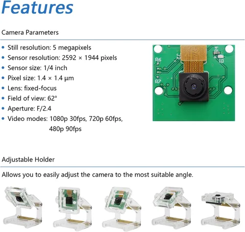Vista 4 de FREENOVE Cámara de 5MP para Raspberry Pi 5 4 B 3 B+ A+ Zero 2 W con soporte ajustable y cable de cinta, ángulo de visión de 62°, salida 1080P 720P