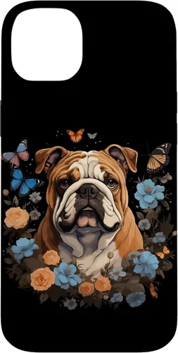 Vista 15 de Funda para iPhone 16 Bulldog Inglés con Flores y Mariposas