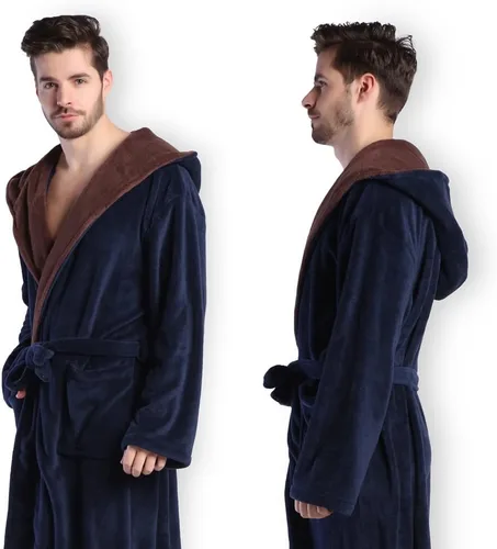 Vista 4 de Bata de baño con capucha para hombre, suave y de longitud completa, cómodo camisón cálido de longitud completa