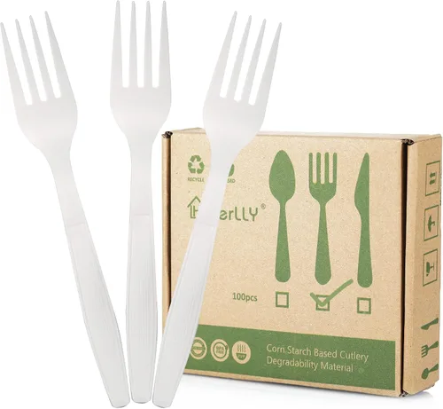 Vista 8 de Tenedores compostables, 300 tenedores desechables para fiestas, grandes tenedores biodegradables respetuosos con el medio ambiente, duraderos
