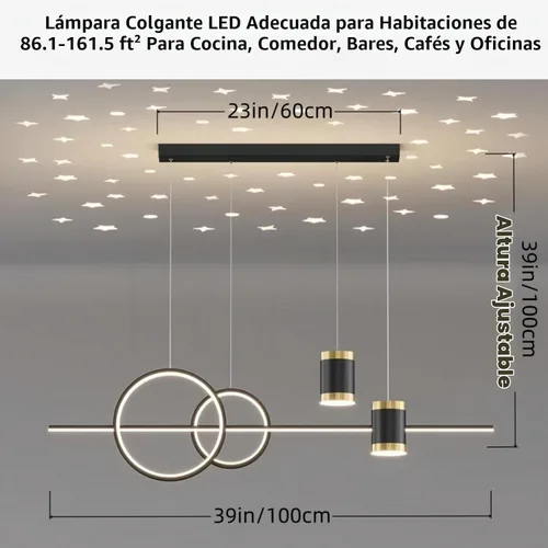 Vista 5 de Lámparas colgantes LED modernas para isla de cocina, lámpara lineal LED regulable con control remoto, lámpara de iluminación de isla negra de 39