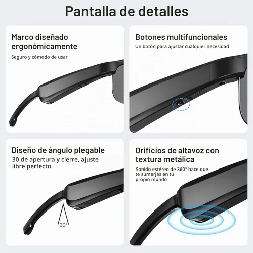 Vista 6 de Lentes inteligentes, lentes de sol polarizados Bluetooth con micrófono y altavoces integrados, oreja abierta, asistente de voz, protección UV
