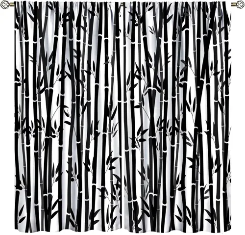 Vista 44 de Cortinas con estampado de bambú verde natural, plantas asiáticas, japonesas, tallos rústicos, hojas, cortina de selva con bolsillo para cortinero