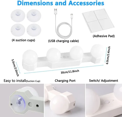 Vista 6 de Luz de Maquillaje Portátil, Luces LED Inalámbricas para Espejo de Tocador con Brillo y Temperatura de Color Ajustables para Mesa de Tocador, Baño