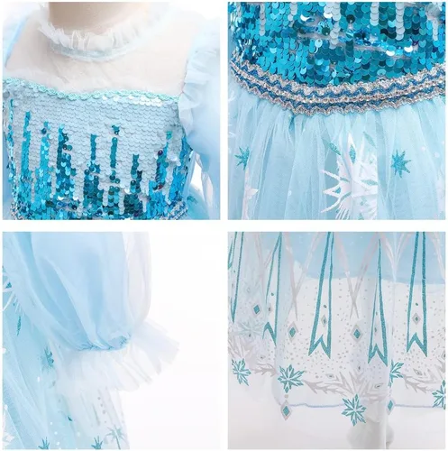 Vista 5 de Frozen - Vestido de princesa Elsa para niñas, disfraz de Halloween, Navidad, cumpleaños, fiesta, vestido de tul con accesorios