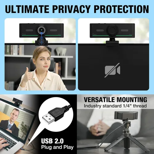 Vista 5 de Gsou Cámara web 1080P con micrófonos, corrección automática de luz, USB Plug & Play, cubierta de privacidad, cámara de computadora conecta