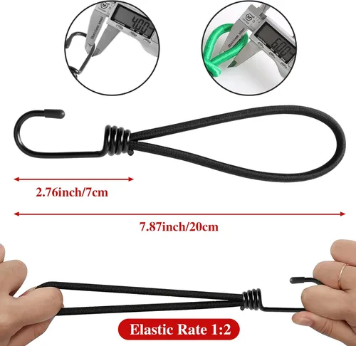 Vista 6 de Cuerda elástica pequeña de 7 pulgadas con ganchos, cuerdas elásticas negras resistentes al aire libre con ganchos para camping, lonas, tiendas