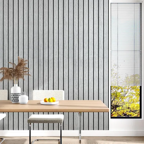 Vista 6 de Wallercity Panel de pared de listones de madera gris/blanco autoadhesivo para paredes, paneles de madera con cancelación de ruido para dormitorio