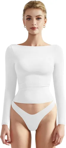 Vista 21 de SUUKSESS Camiseta de mujer con cuello redondo, manga larga, doblemente forrada, ajustada y corta
