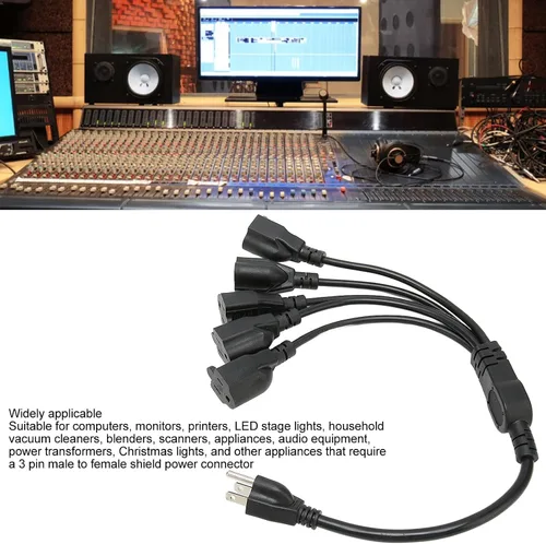 Vista 3 de Divisor de cable de alimentación de 5 vías, 3 clavijas de 1 a 5 salidas, ahorro de espacio 16AWG 18AWG para luz LED de escenario de computadora