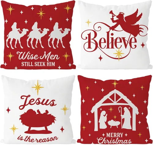 Vista 9 de Fundas de Almohada de Navidad de 12x20 Pulgadas, Juego de 4, Fundas de Almohada Religiosas de Natividad, Fundas de Almohada Decorativas Rojas