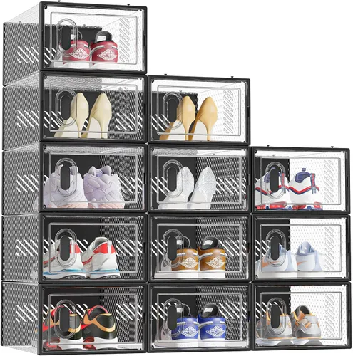 Vista 9 de SIMPDIY Almacenamiento de zapatos, paquete de 12 organizadores de zapatos para armario, cajas de zapatos apilables de plástico transparente con Negro