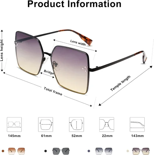 Vista 4 de SOJOS Gafas de sol cuadradas de moda para mujer, estilo de diseñador de gran tamaño, protección UV, SJ1170